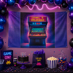 Retro Arcade Level Up Birthday Party Banner