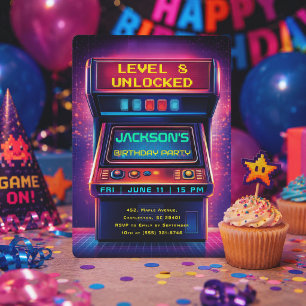 Retro Arcade Level Up Birthday Party Invitation Foil Invitation