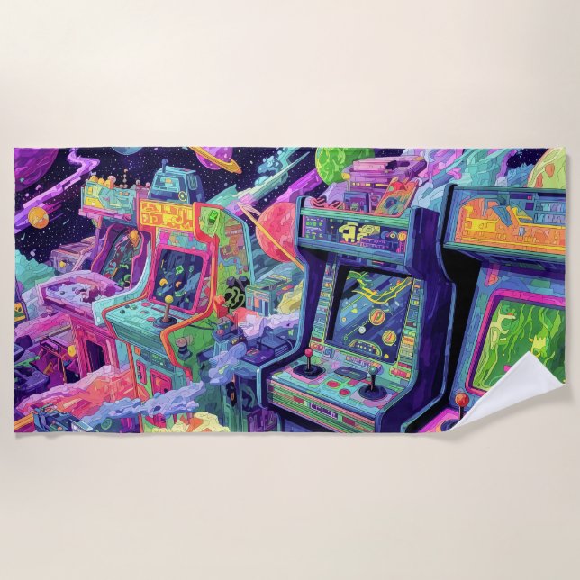 Retro Arcade Machines in Space Beach Towel (Front)