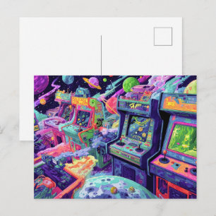 Retro Arcade Machines in Space Postcard
