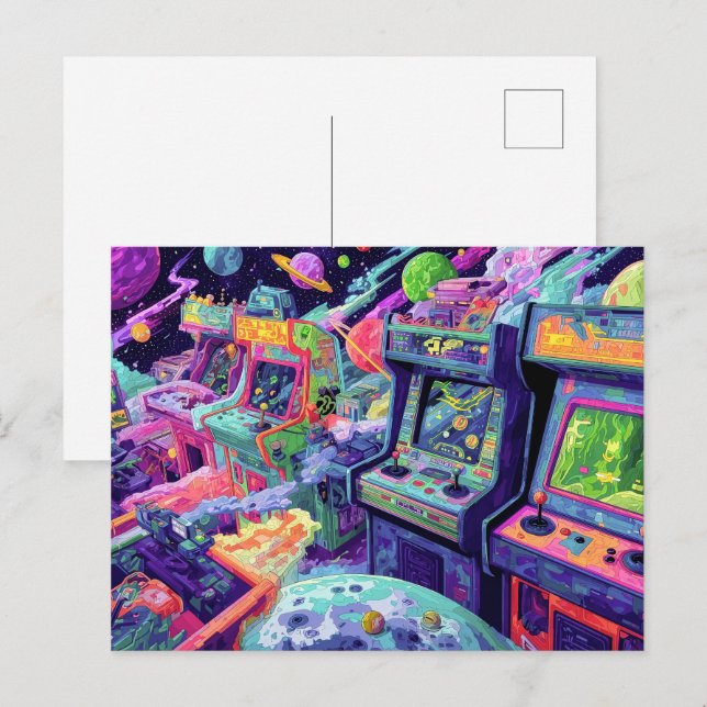 Retro Arcade Machines in Space Postcard (Front/Back)