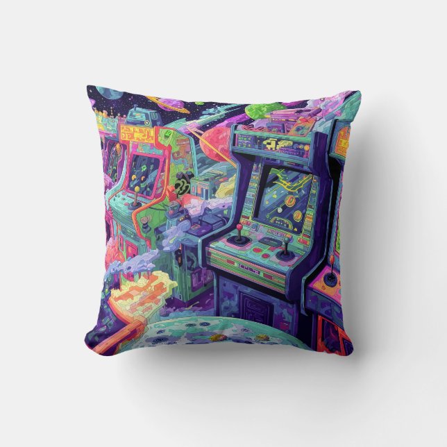 Retro Arcade Machines in Space Throw Pillow (Front)