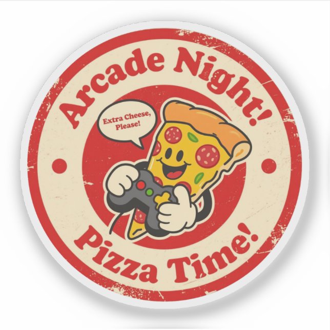 Retro Arcade Night & Pizza Time Cartoon Graphic Sticker (Front)