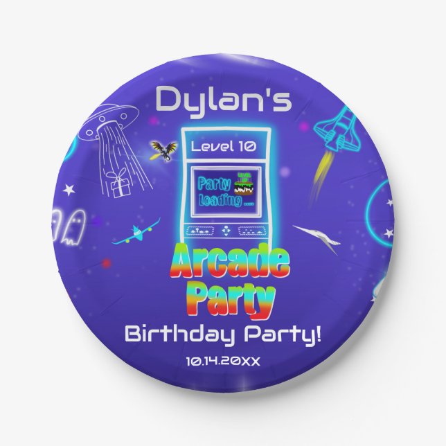  Retro Arcade Power Up Gaming Birthday Party Paper Plates (Front)