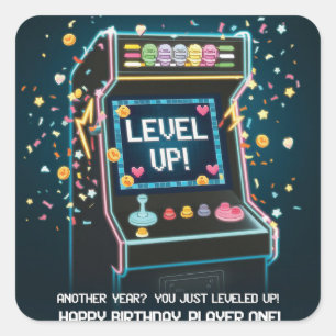Retro Arcade-Themed Birthday - "Level Up!" Gamer Square Sticker