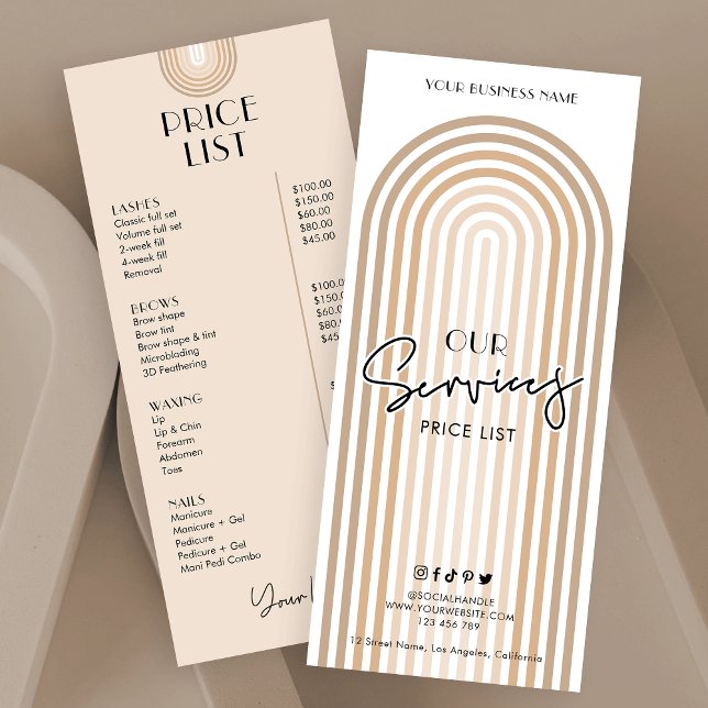 Retro Arch Boho Beige Trendy Hair Salon Price List Rack Card (Elegant boho inspired business price list menu in cream and white and trendy fonts)
