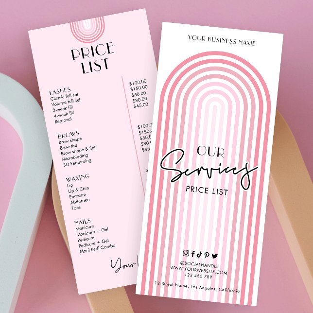 Retro Arch Girly Pink Trendy Beauty PMU Price List Rack Card (Stand out with this trendy business price list featuring a retro pink arch design and modern fonts)