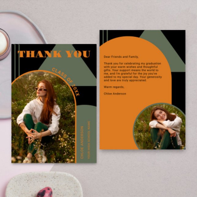 Retro Arch Green & Orange 2 Photo Graduation Thank You Card (Creator Uploaded)