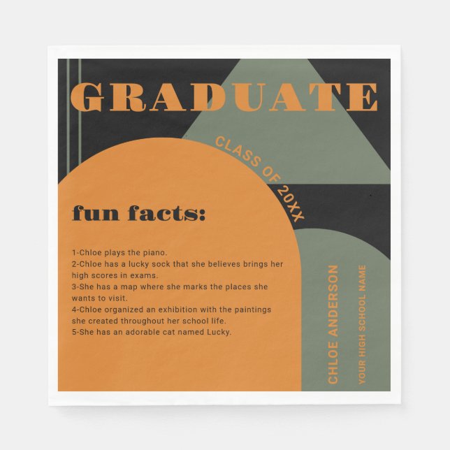 Retro Arch Green & Orange Fun Facts Graduation Napkins (Front)