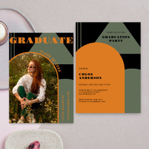 Retro Arch Green & Orange Photo Graduation Invitation