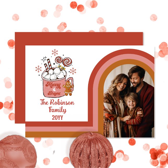 Retro Arch Merry and Bright Christmas Family Photo Holiday Card (Retro Arched Photo Merry and Bright Hot Cocoa Gingerbread Christmas Family Card)