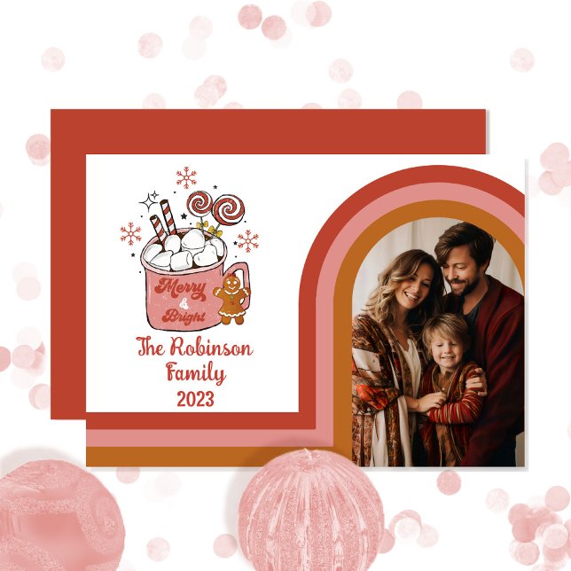 Retro Arch Merry and Bright Christmas Family Photo Holiday Card (Hoping your Christmas holiday season will be "Merry and Bright" -- retro arch photo hot cocoa design)