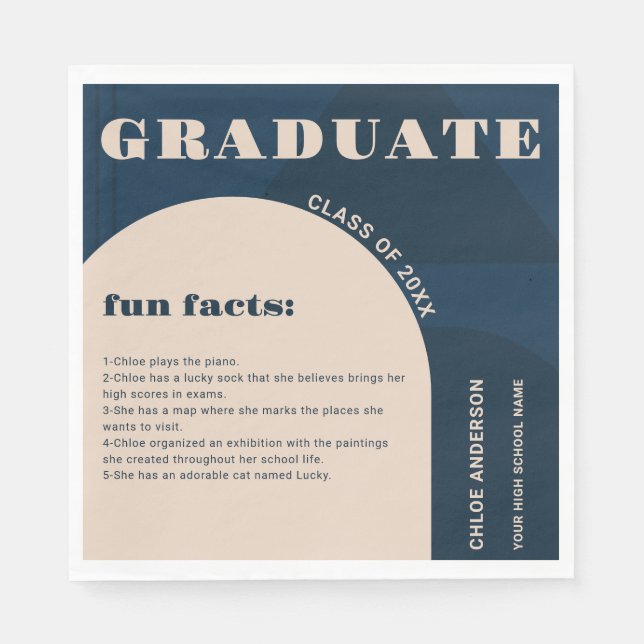 Retro Arch Navy Blue Fun Facts Graduation Napkins (Front)