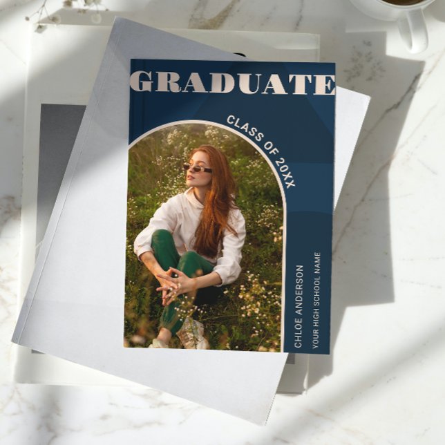 Retro Arch Navy Blue Photo Graduation Announcement (Creator Uploaded)