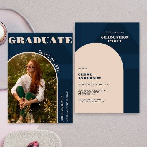 Retro Arch Navy Blue Photo Graduation Invitation