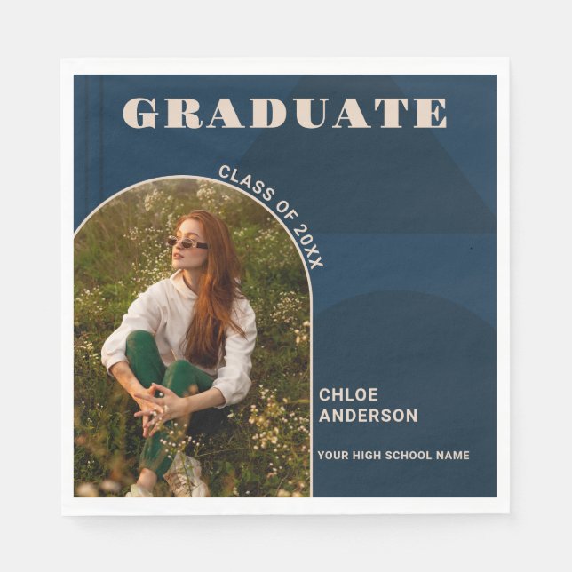 Retro Arch Navy Blue Photo Graduation Napkins (Front)