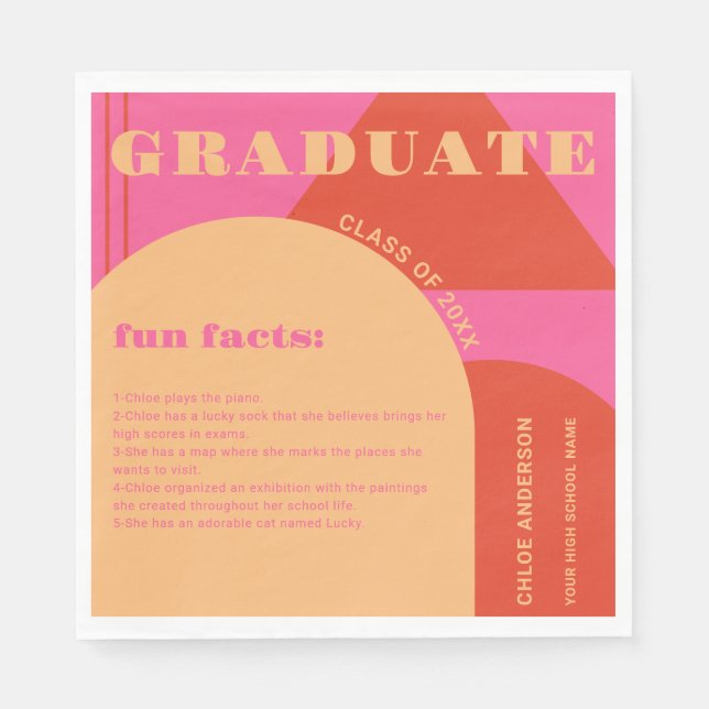 Retro Arch Pink & Orange Fun Facts Graduation Napkins (Front)