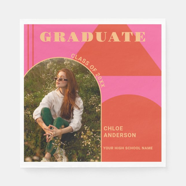 Retro Arch Pink & Orange Photo Graduation Napkins (Front)