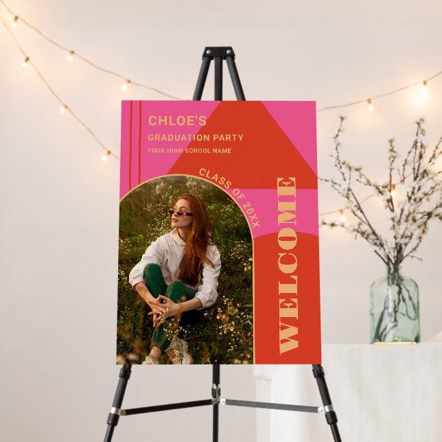 Retro Arch Pink & Orange Photo Graduation Welcome Foam Board (In Situ (Stand))