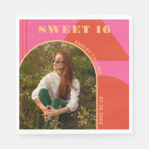 Retro Arch Pink & Orange Photo Sweet 16 Birthday