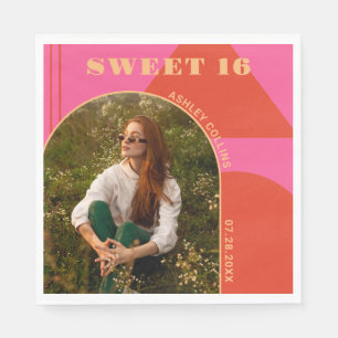 Retro Arch Pink & Orange Photo Sweet 16 Birthday  Napkins