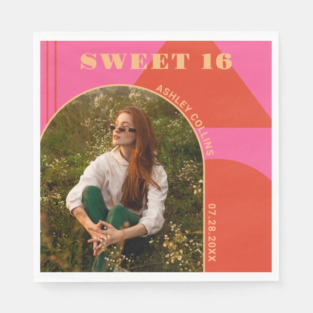 Retro Arch Pink & Orange Photo Sweet 16 Birthday  Napkins (Front)