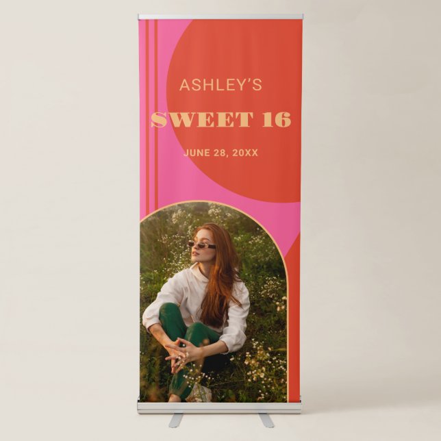Retro Arch Pink & Orange Photo Sweet 16 Birthday Retractable Banner (Front)