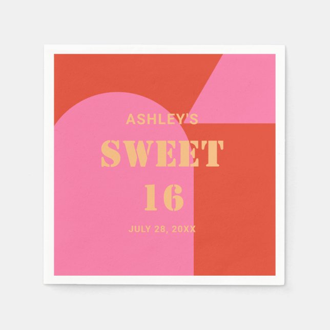 Retro Arch Pink & Orange Sweet 16 Birthday  Napkins (Front)
