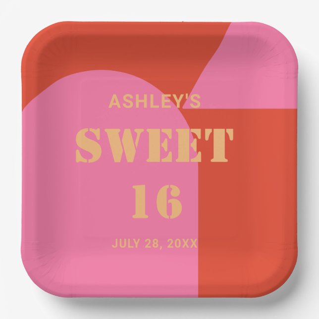 Retro Arch Pink & Orange Sweet 16 Birthday  Paper Plates (Front)
