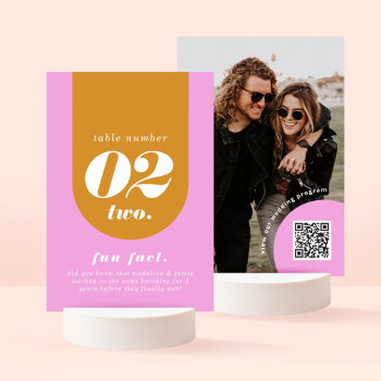 Retro Arch Pink & Yellow Couple's Fun Fact & Photo Table Number by moodthology at Zazzle