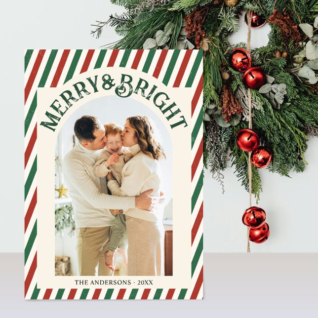 Retro Arch Stripes Family Photo Merry Bright  Holiday Card (Creator Uploaded)