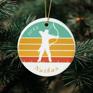 Retro Archery Theme Bow Arrow Archers Name Dated Ceramic Ornament