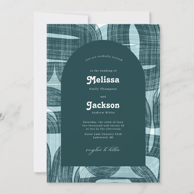 Retro Arches And Bends and Lines Teal Wedding Invitation (Front)