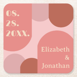 Retro Arches Coral Pink Wedding Square Paper Coaster