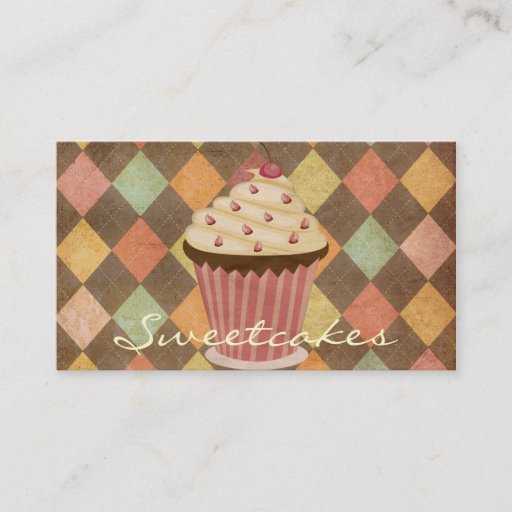 Customizable Retro Argyle Cupcake Bakery Business Card Template
