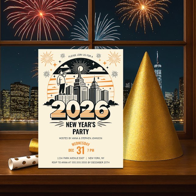 Retro Arrival of 2026 New Year's Party Invitation (Retro New Year's party invitation front view.)