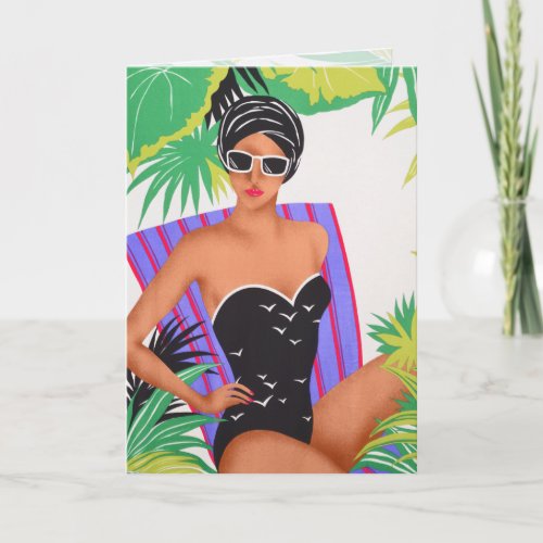 Retro Art 80s Pin_up Beach Party Birthday Card