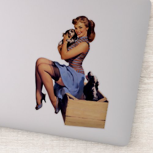 Retro Art Brunette Pin_up Girl with Puppies Dogs Sticker