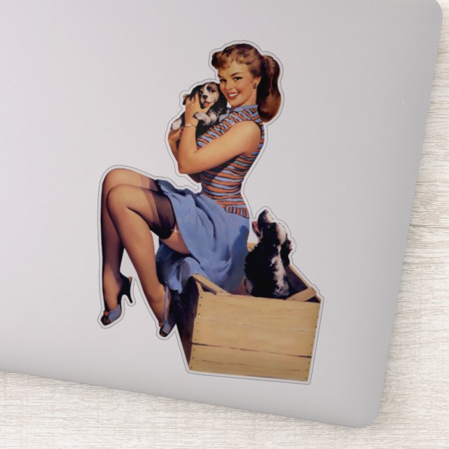 Retro Art Brunette Pin-up Girl with Puppies Dogs Sticker (Detail)