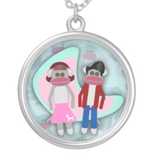 Retro Art Cartoon Fifties Sock Hop Sock Monkeys Silver Plated Necklace