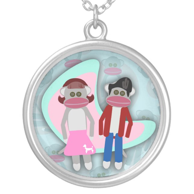 Retro Art Cartoon Fifties Sock Hop Sock Monkeys Silver Plated Necklace (Front)