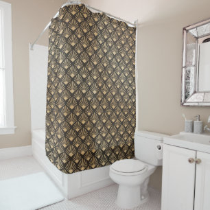 Retro Art Deco Black And Sepia Fan Pattern Shower Curtain