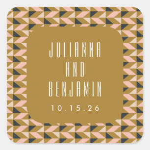 Retro Art Deco Black Blush Gold Wedding Custom Square Sticker