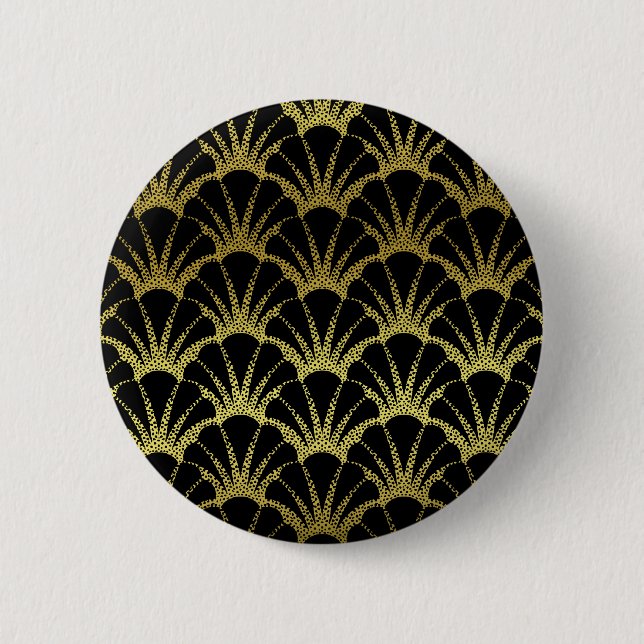 Retro Art Deco Black / Gold Shell Scale Pattern Button (Front)