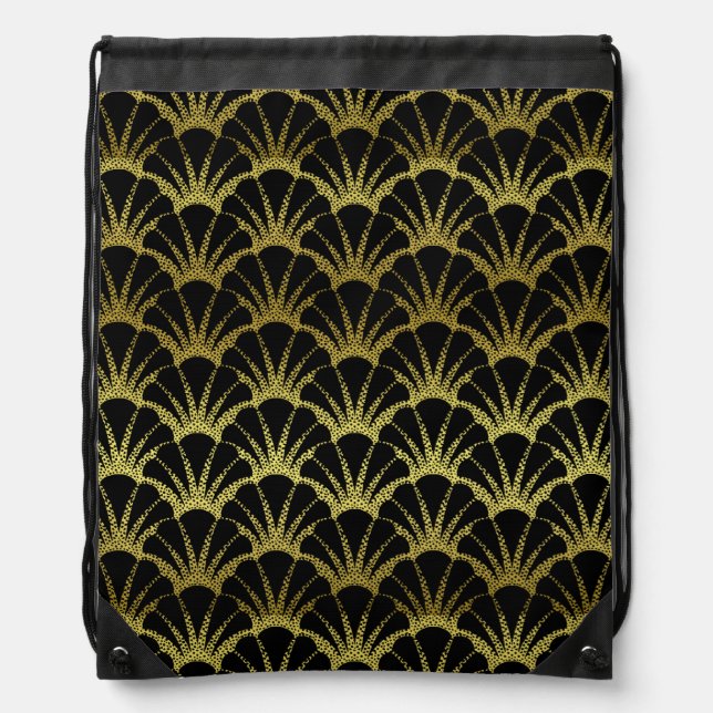 Retro Art Deco Black / Gold Shell Scale Pattern Drawstring Bag (Front)