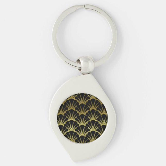 Retro Art Deco Black / Gold Shell Scale Pattern Keychain (Front)
