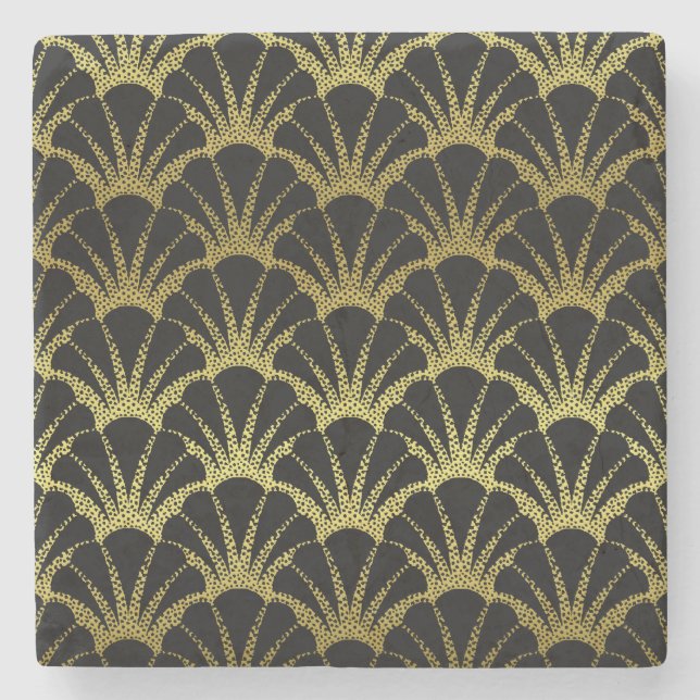 Retro Art Deco Black / Gold Shell Scale Pattern Stone Coaster (Front)