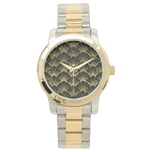 Retro Art Deco Black / Gold Shell Scale Pattern Watch