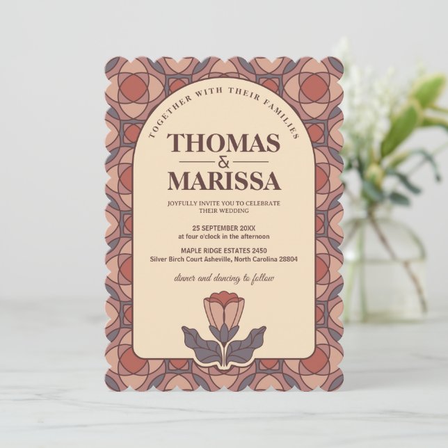 Retro Art Deco Floral Wedding Invitation QR Code (Standing Front)