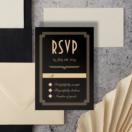 Retro Art Deco Frame Classic Black Gold Wedding RSVP Card